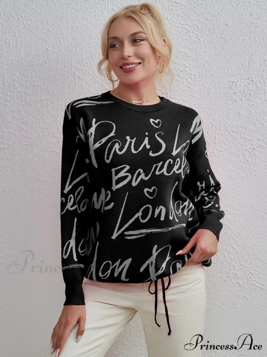 Drawstring Round Neck Sweater Black / One Size