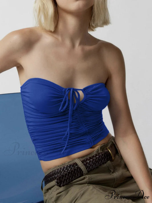 Drawstring Ruched Graceful Crop Tube Top Blue / S