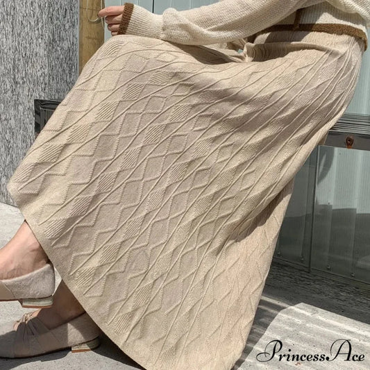 Drooping Elegant A-line High Waist Slim Woolen Comfortable Trendy Long Skirt Beige / One Size