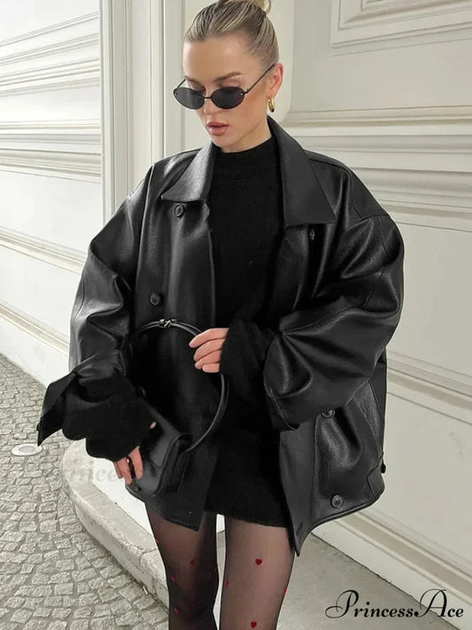 Dual Breasted Ebony Collar Leather Coat Black / S coats-241228
