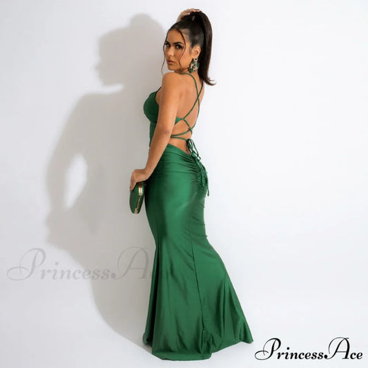 Dulzura Lace Up Women Solid Satin Maxi Dress Green / L