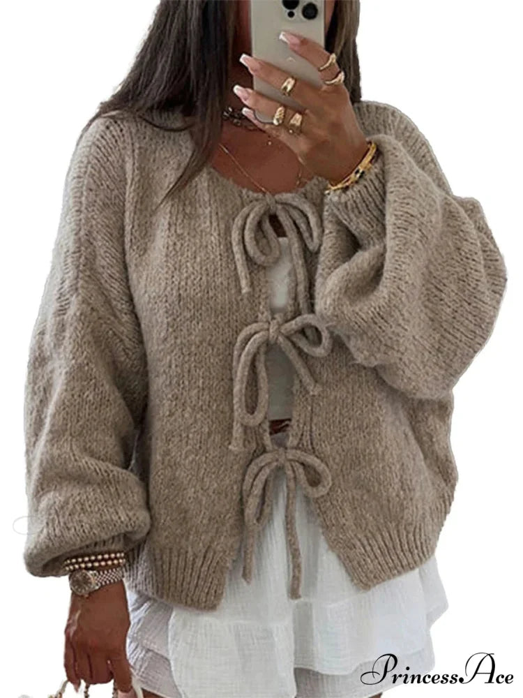 Durable Bind Front Circular Neck Baggy Cardigan Khaki / S cardigans-241228