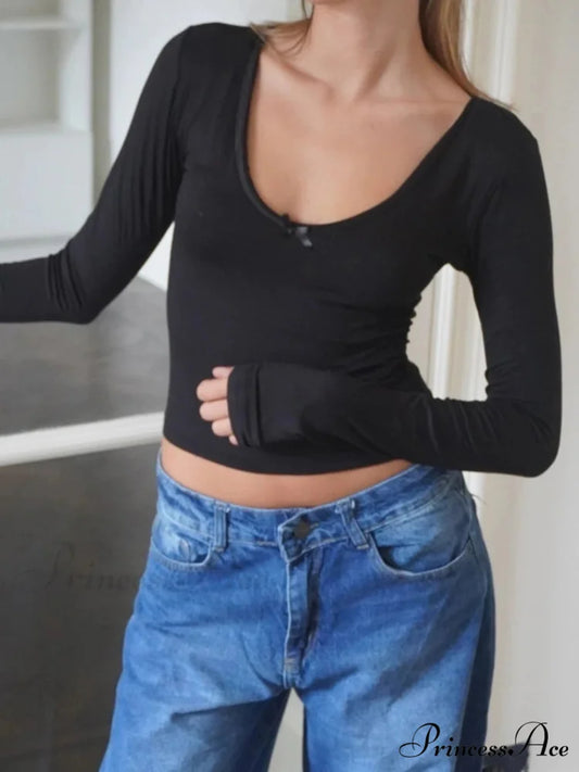 Durable Bow Fundamental Sleek O-Neck Extended Sleeve Knit Top Black / S knittop-250126