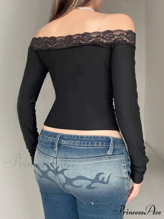 Durable Bow Patchwork Lace Slash Neck Extended Sleeve Knit Top knittop-250126