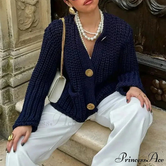 Durable Button-Up V-Neck Informal Knitted Cardigan Black / S cardiagn-250126