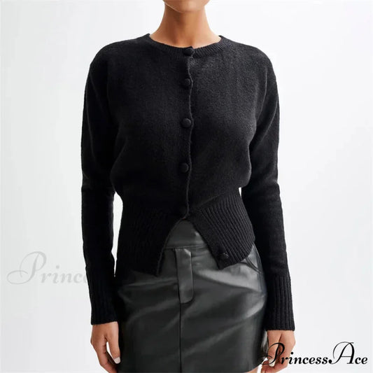 Durable Circular Neck Solo Buttoned Turn-of-the-Century Style Knitted Cardigan Black / S cardiagn-250126