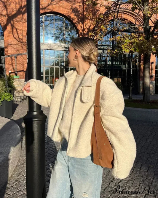 Durable Collar Zipper Woolen Jacket White / S coats-241228