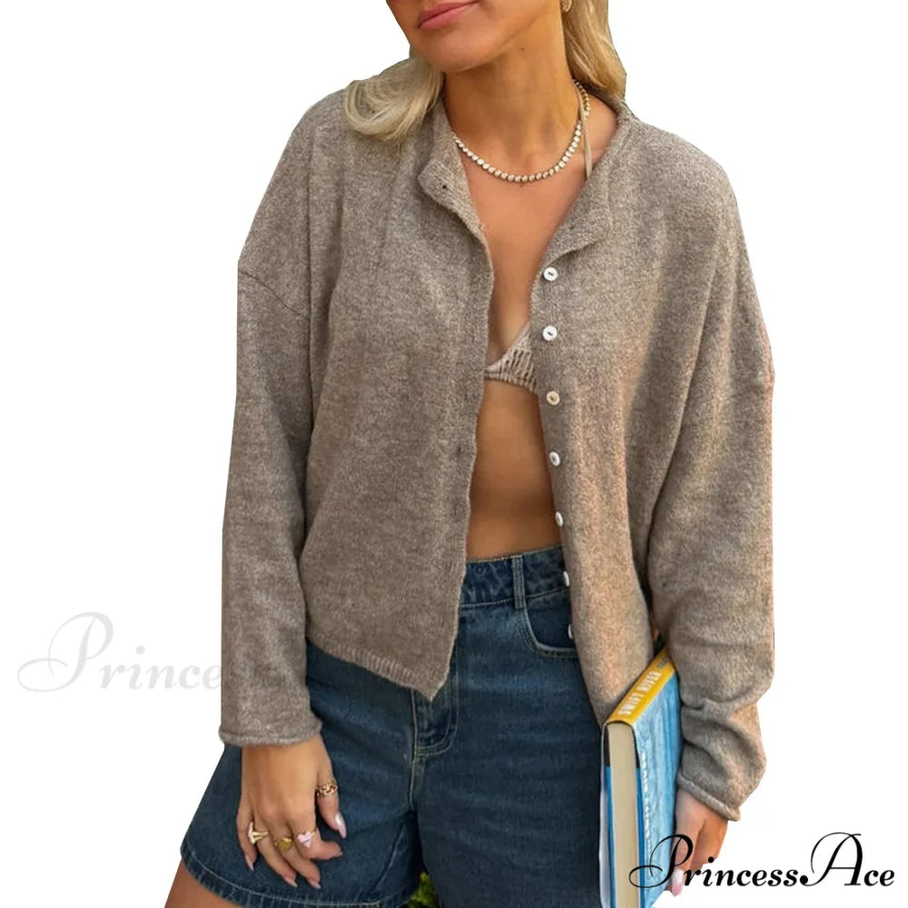 Durable Comfortable Button-front Knit Cardigan light brown / S cardigans-241228