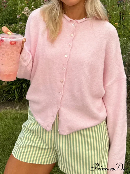 Durable Comfortable Button-front Knit Cardigan Pink / S cardigans-241228