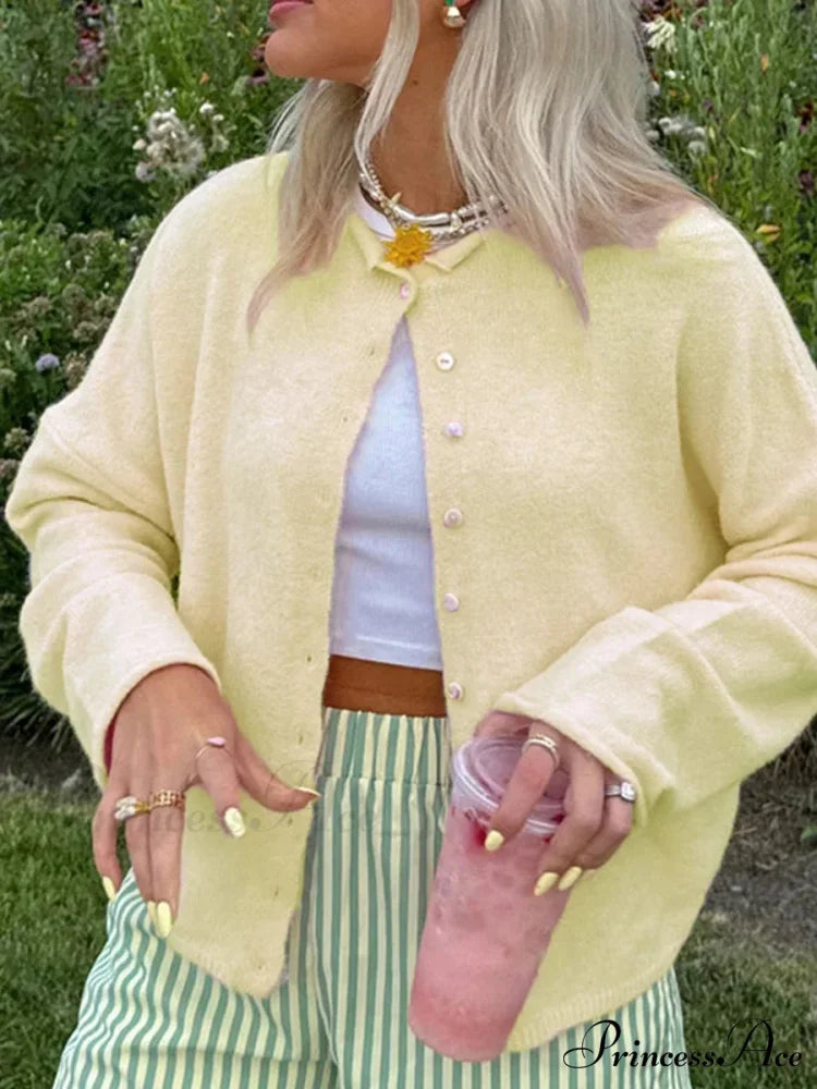 Durable Comfortable Button-front Knit Cardigan Yellow / S cardigans-241228