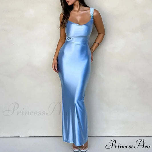 Durable Empty Sleeveless Silk Holiday Dress blue / S vacationdress-250223