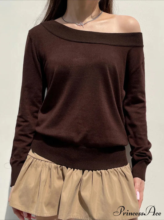 Durable Knitted Slash Neck Extended Sleeve Pullover Jumper Brown / S knittop-250126