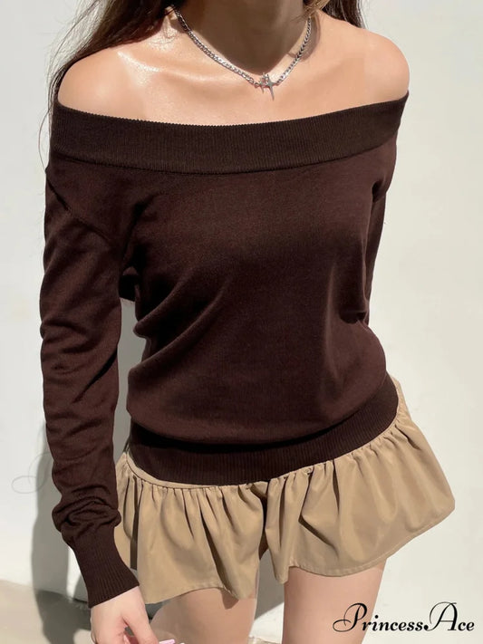 Durable Knitted Slash Neck Extended Sleeve Pullover Jumper knittop-250126
