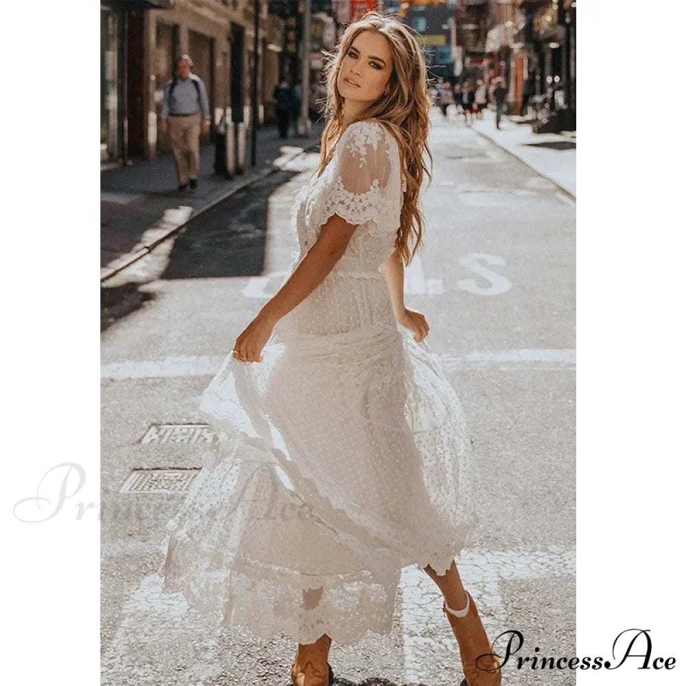 Durable Lace Short Sleeve V-neck Long Boho Dress bohodress-250126