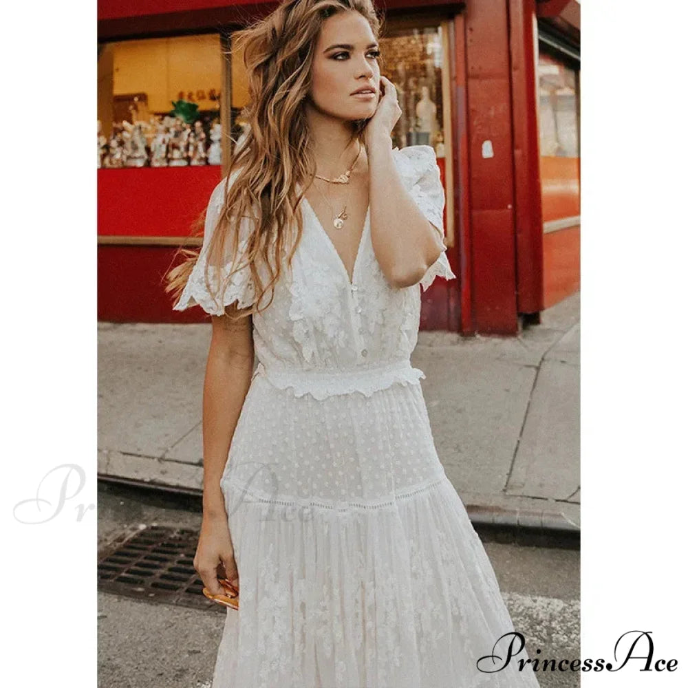 Durable Lace Short Sleeve V-neck Long Boho Dress bohodress-250126