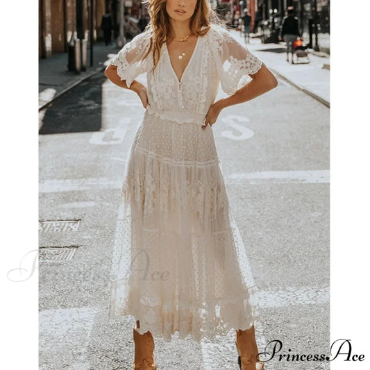 Durable Lace Short Sleeve V-neck Long Boho Dress White / S bohodress-250126