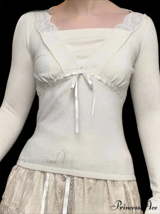 Durable Lace Trim Plunging Neckline Slim Fitted Long Sleeve Knit Top WHITE / S knittop-250126