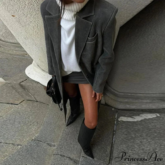 Durable Leather Collar Single-Button Overcoat Gray / S overcoats-241228