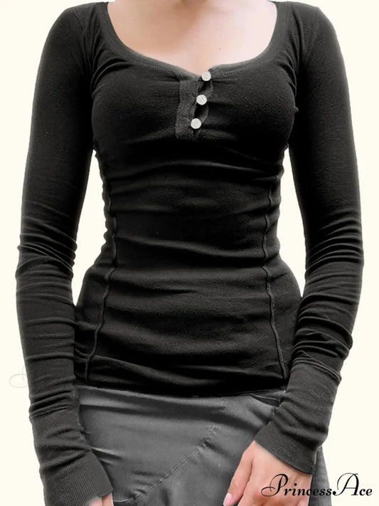 Durable Patchwork Slim O-Neck Long Sleeve Knit Top Black / S knittop-250126