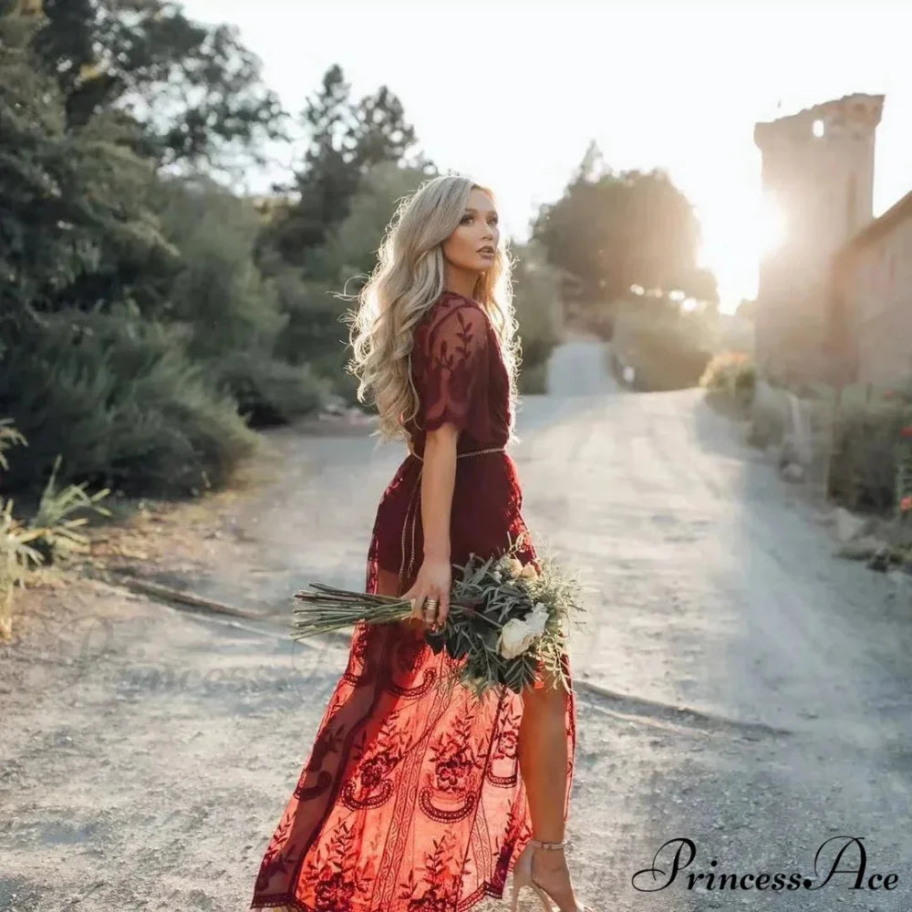 Durable Short Sleeve Lace V-neck Loose Maxi Boho Dress claret / One Size bohodress-250126