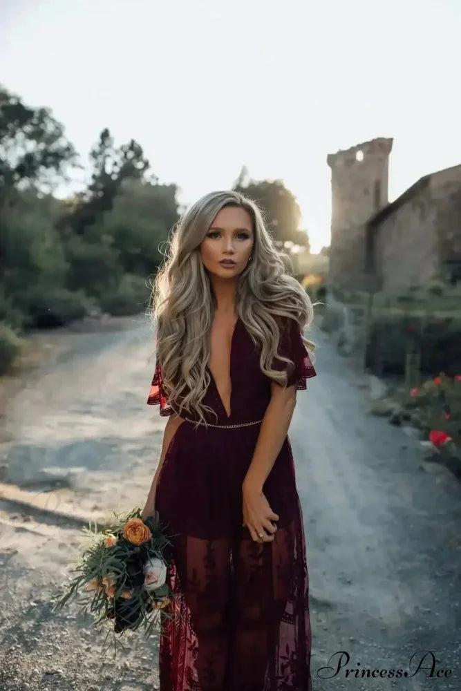 Durable Short Sleeve Lace V-neck Loose Maxi Boho Dress claret / One Size bohodress-250126