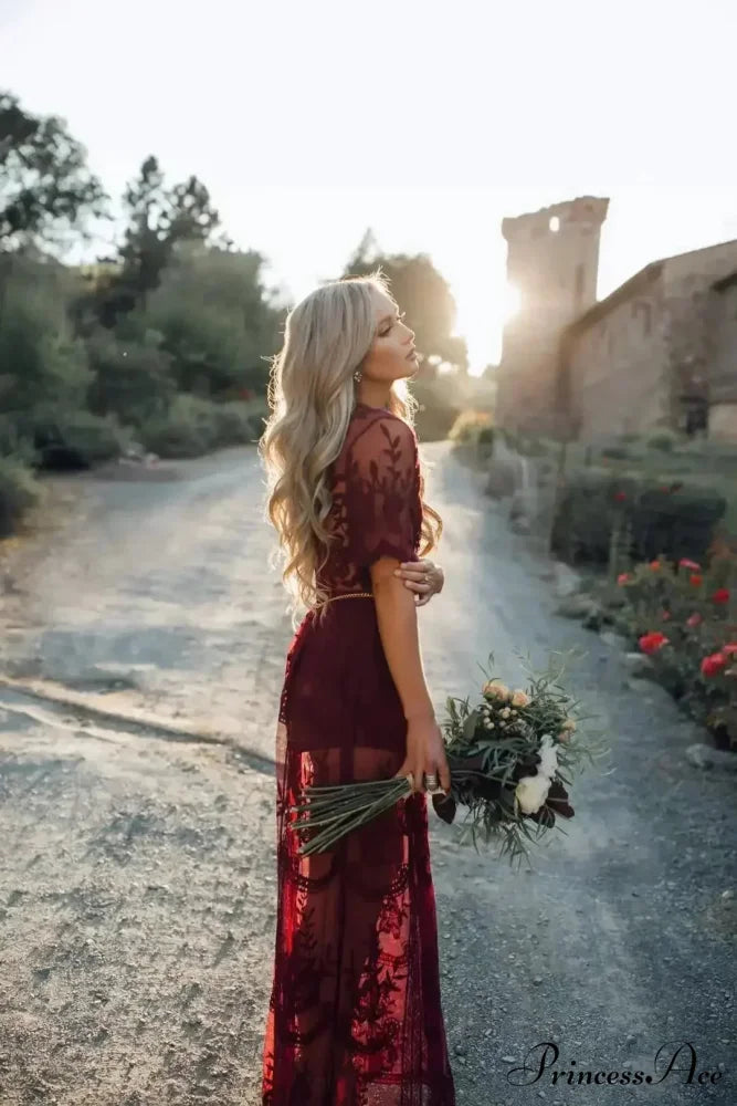 Durable Short Sleeve Lace V-neck Loose Maxi Boho Dress claret / One Size bohodress-250126