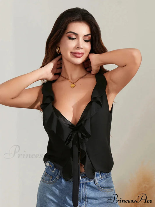 Durable Tie Front Sleeveless Frill Trim Deep V Crop Top Black / S croptop-250126