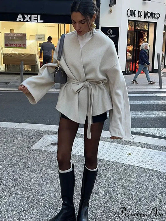 Durable Tie-up Deep V-neck Sweater Jacket Beige / S coats-241228