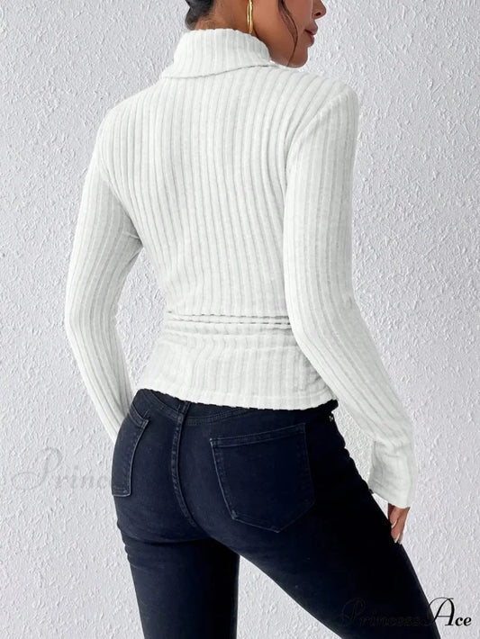 Dynamic Monochromatic High-Collar Trim-Fit Long Sleeve Top Women knittop-250126