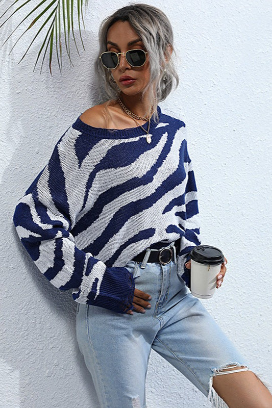 Distressed Zebra Print Knit Sweater