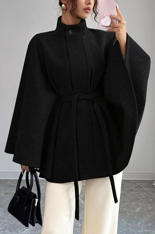 Belted Cape Sleeve Wool Look Jacket