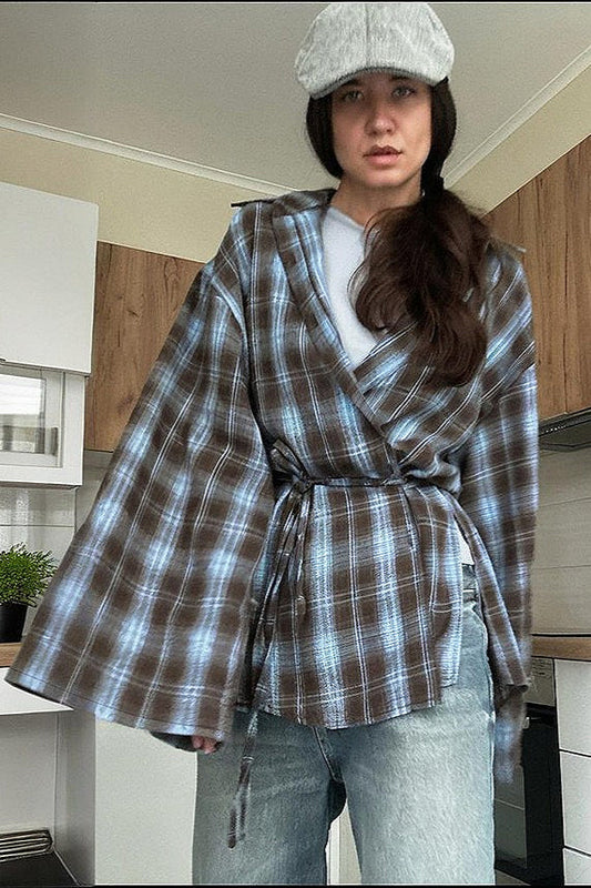 Plaid Tie Waist Long Sleeve Blouse