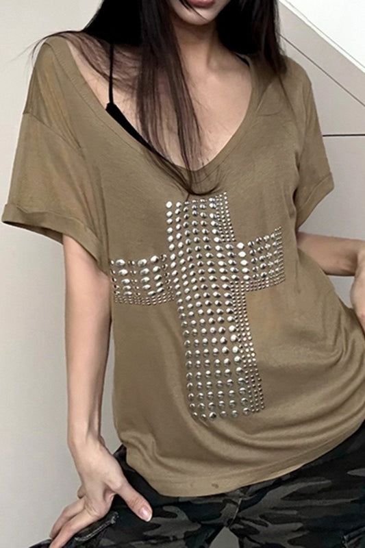 Street Cross Metallic Print Loose Casual T-shirt