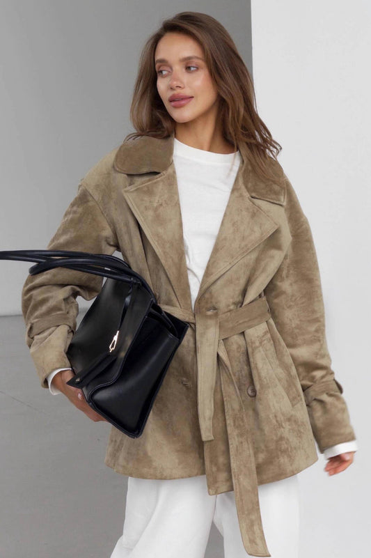 Vintage Suede Lapel Tie Waist Jacket Coat