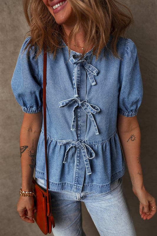 Solid Denim Tie Bow Blouse