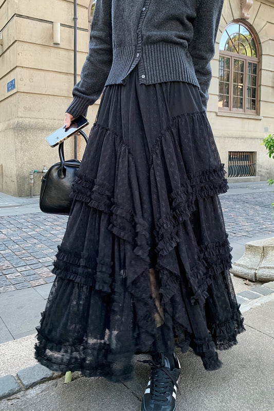 Lace Ruffle Tiered Tulle Maxi Skirt