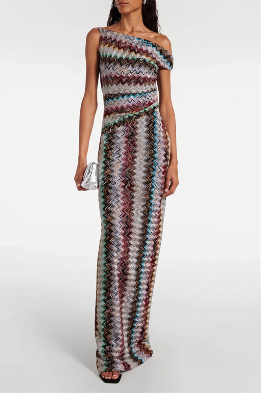 Knit Printed Off Shoulder Bodycon Maxi Dress