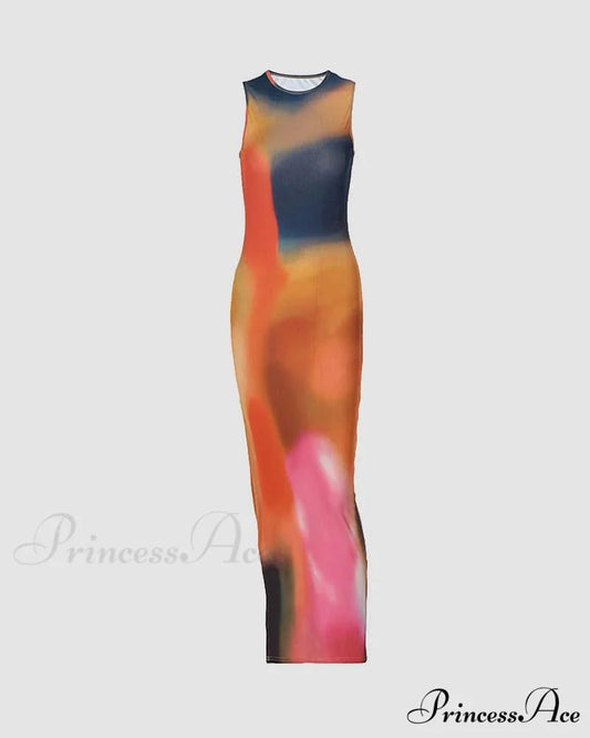 Earthen Gradient Stylish Maxi Slit Dress Multicolor / XS