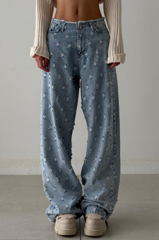 Distressed Raw Hem Waist Loose Jean