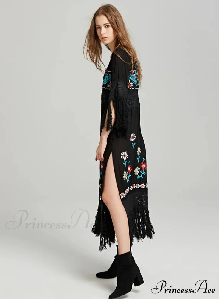Eclectic Ebony Cotton Flower Stitch Dress bohodress-250126