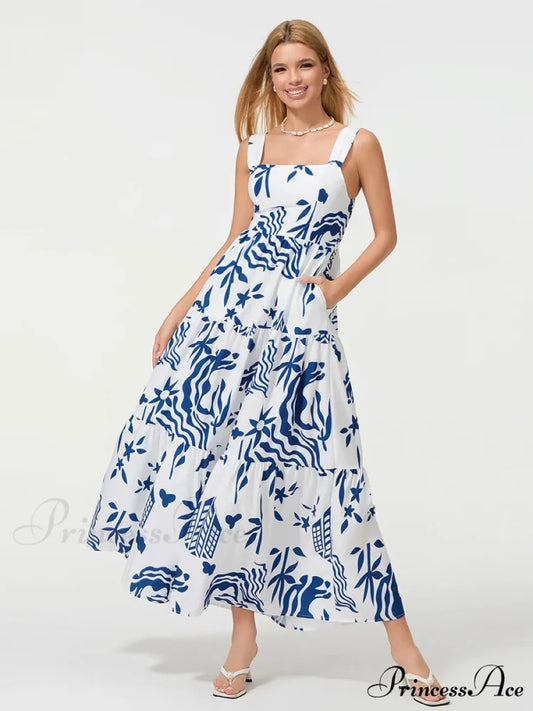 Eclectic Flower Geometric Pattern Flow Tank Square Neck Sleeveless A-Line Dress BLUE1 / S floraldress-250126