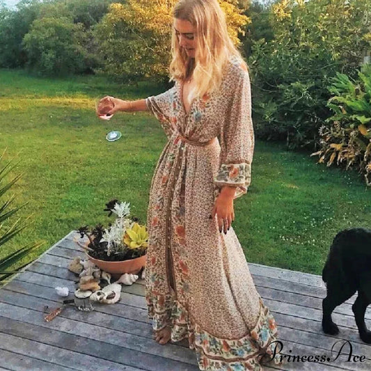 Eclectic Flower Pattern Long Dress Khaki / S bohodress-250126