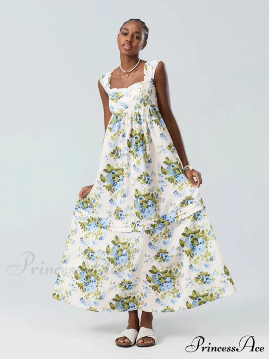 Eclectic Flower Tank Back Tied Square Neck Frilly Flowy Flower Dress floraldress-250126