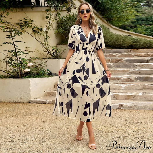 Eclectic Flowery A-line Midi Floral Dress Beige / S oldfloraldress-250126