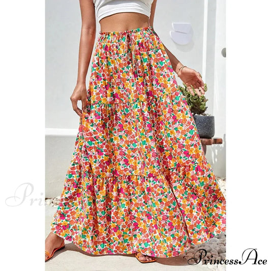 Eclectic Long Skirts Elevated Waist Vibrant Printed Relaxed A-line orange / S skirt-250126