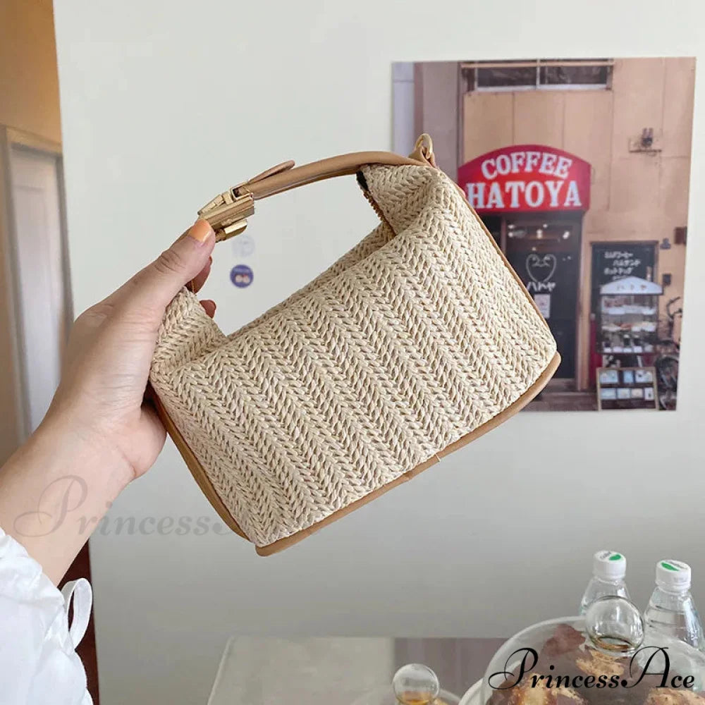 Eclectic Straw Crossbody Bucket Beach Purse khaki / 20x11x12cm handbag-250126