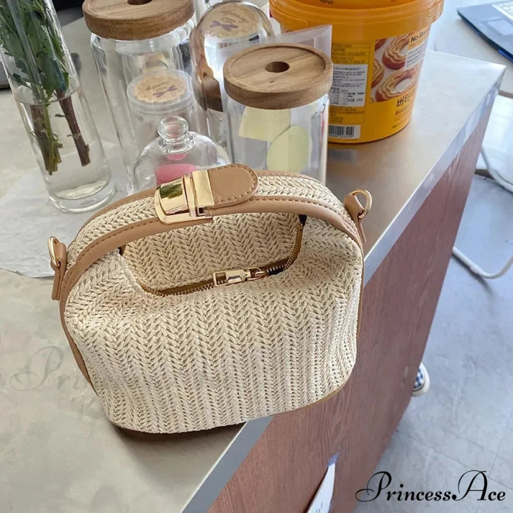 Eclectic Straw Crossbody Bucket Beach Purse khaki / 20x11x12cm handbag-250126