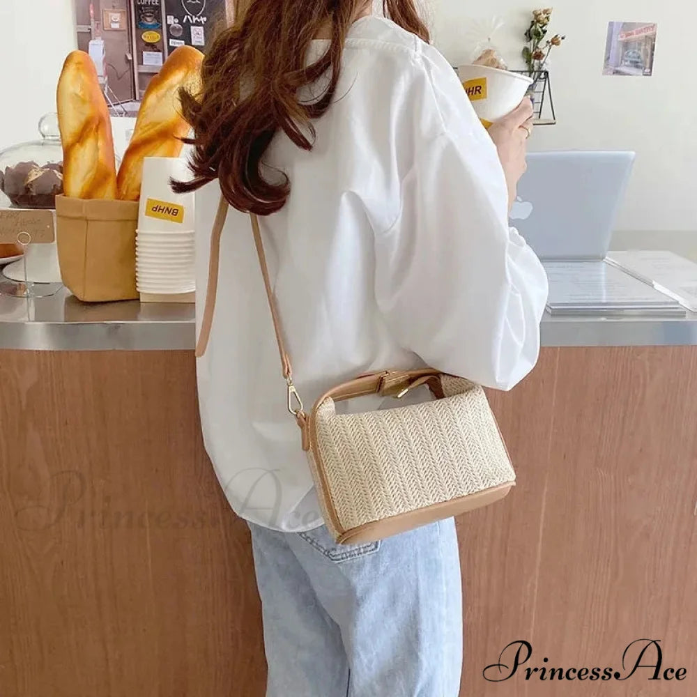 Eclectic Straw Crossbody Bucket Beach Purse khaki / 20x11x12cm handbag-250126