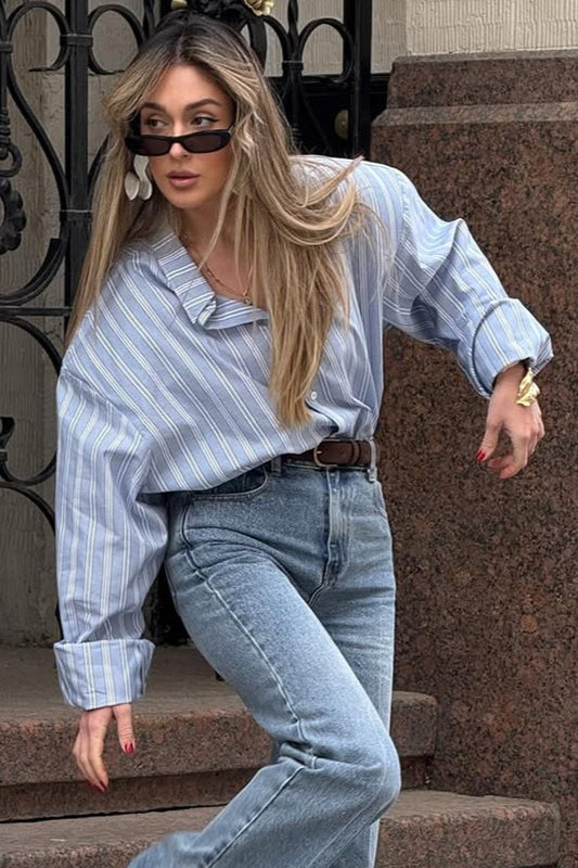 Loose Striped Collared Long Sleeve Blouse