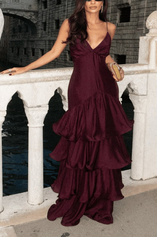 Deep V Tube Waist Cami Cake Maxi Dress